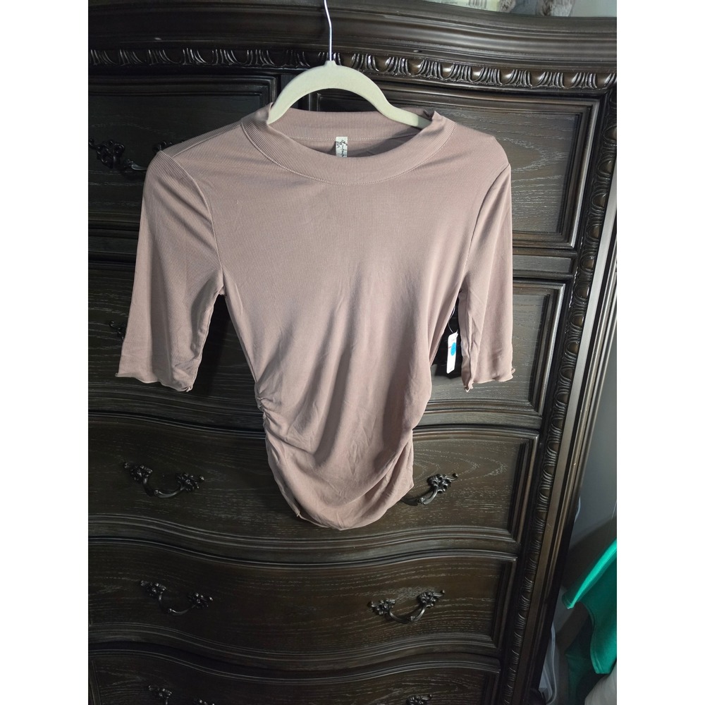 Free People Intimately Ruched Rib Knit Mock Neck Top Mauve Brown XS OB1060305
